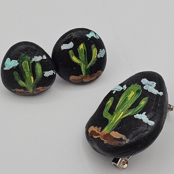 Artisan Folk Art Handpainted Stone Rock Earring Brooch Set Jewelry Black Cactus - Picture 13 of 16